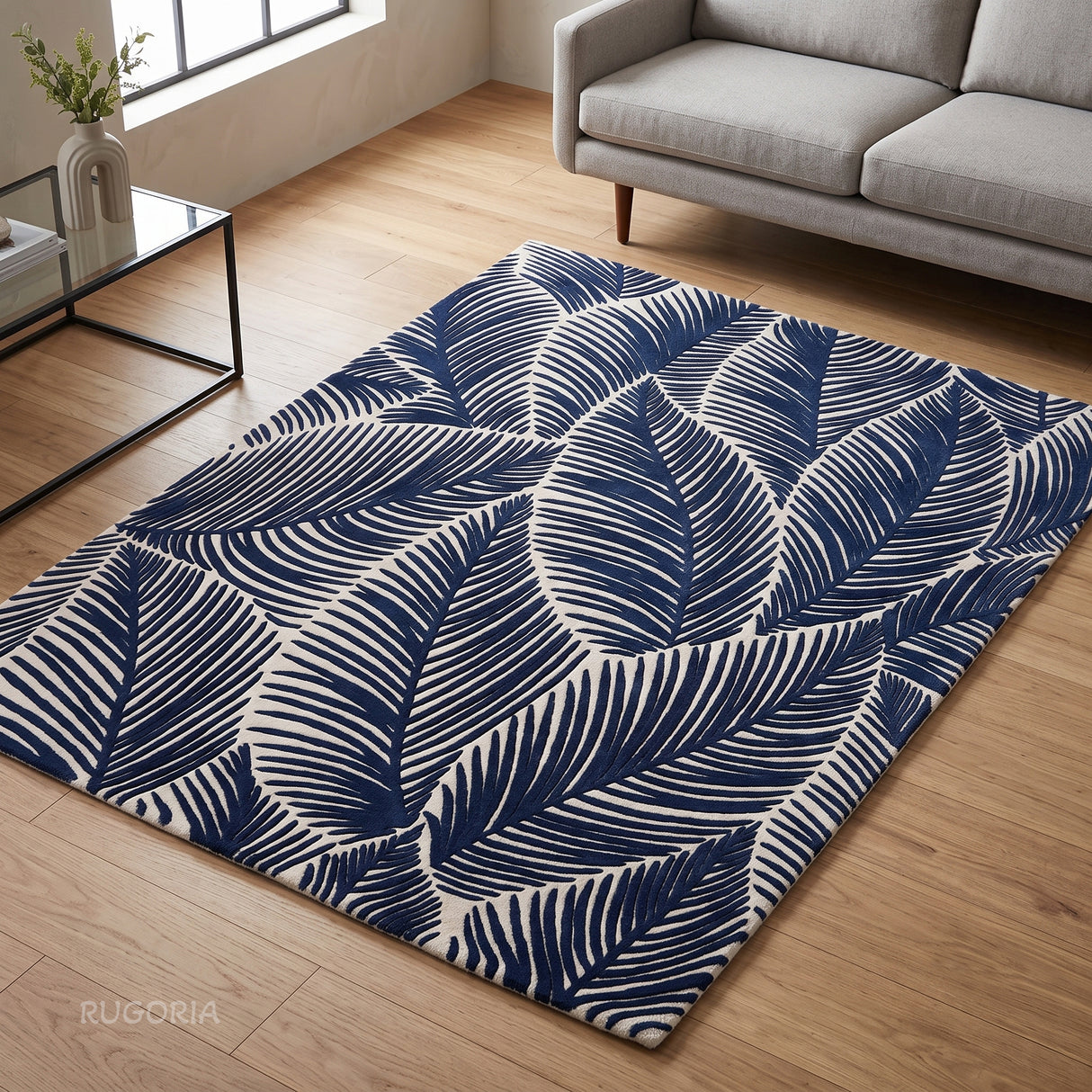 Hand Tufted Wool Area Rug, Tropical Palm Leaf Botanical Design