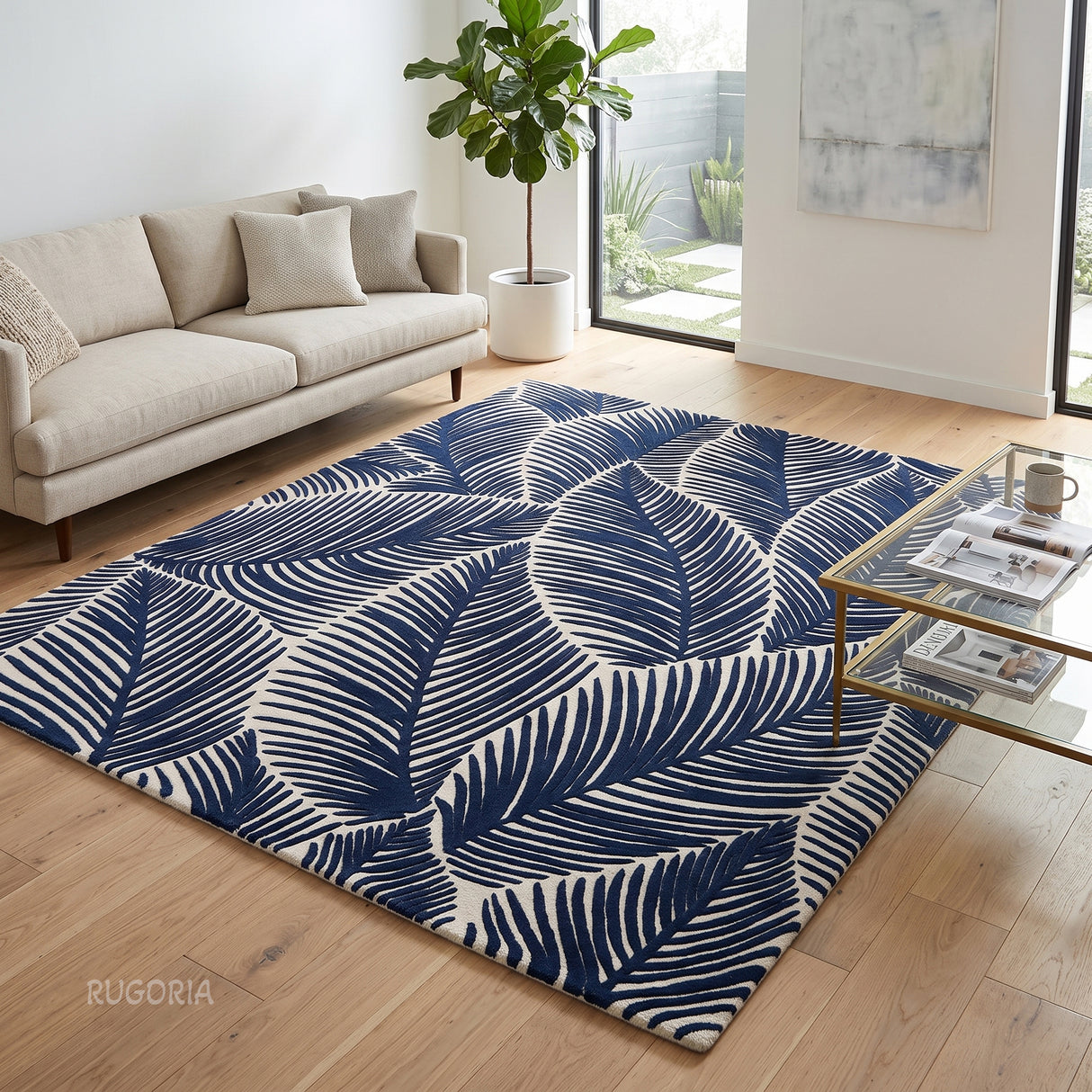 Hand Tufted Wool Area Rug, Tropical Palm Leaf Botanical Design