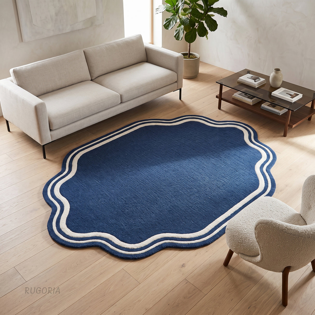 Modern Hand Tufted Wool Area Rug, Scalloped Border Design