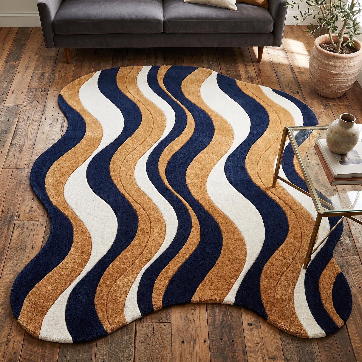 Modern Hand Tufted Wool Area Rug, Abstract Wave Striped Pattern,