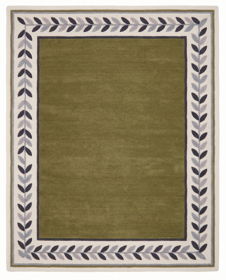 Modern Hand Tufted Wool Rug, Botanical Leaf Border Design