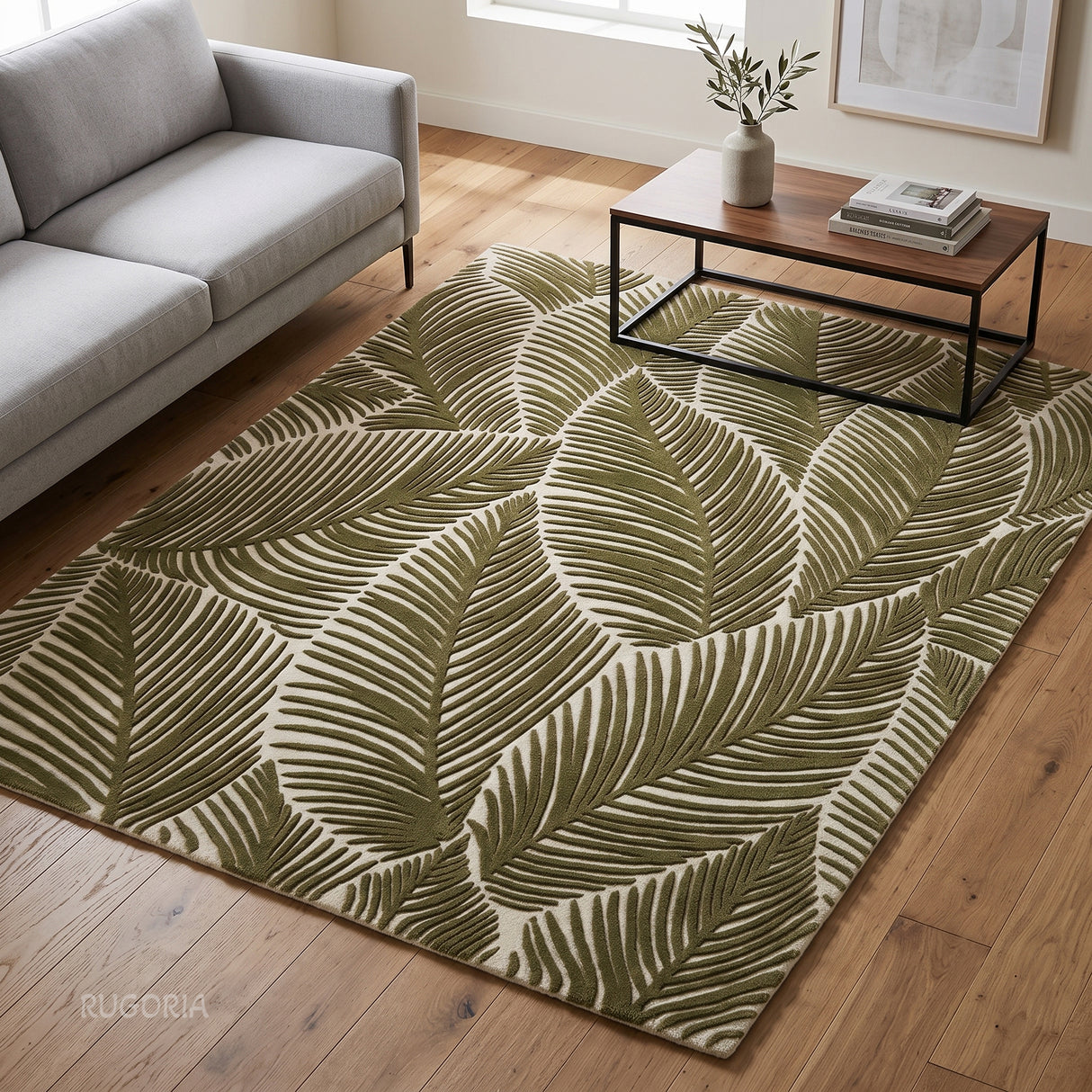 Hand Tufted Wool Area Rug, Tropical Palm Leaf Botanical Design