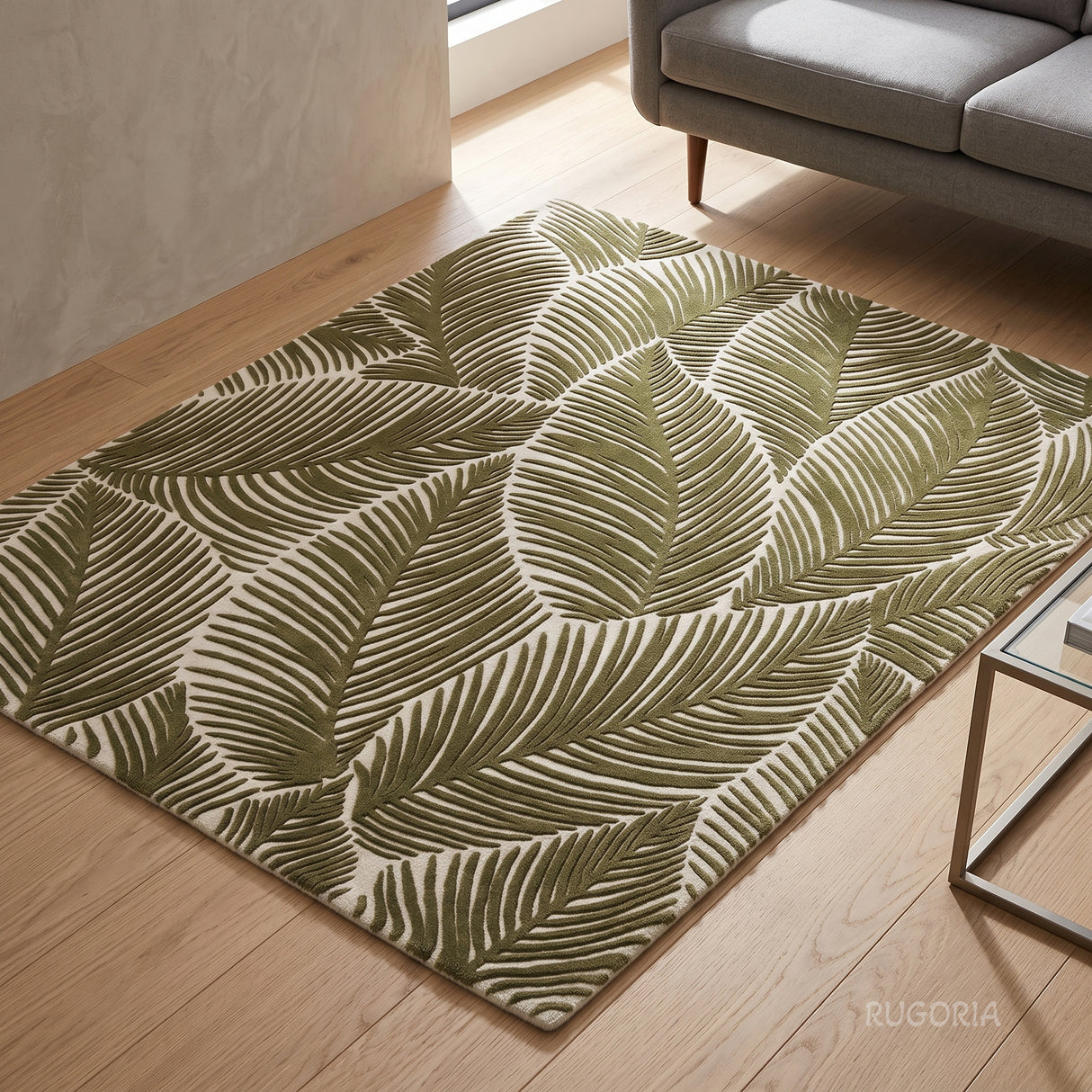 Hand Tufted Wool Area Rug, Tropical Palm Leaf Botanical Design