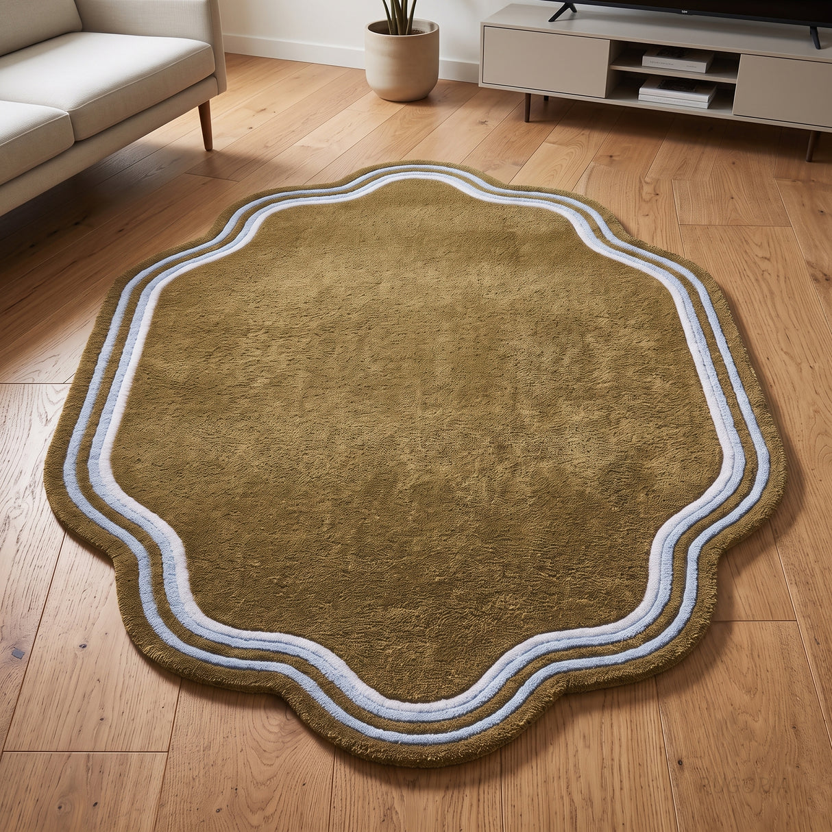Modern Hand Tufted Wool Area Rug, Scalloped Border Design