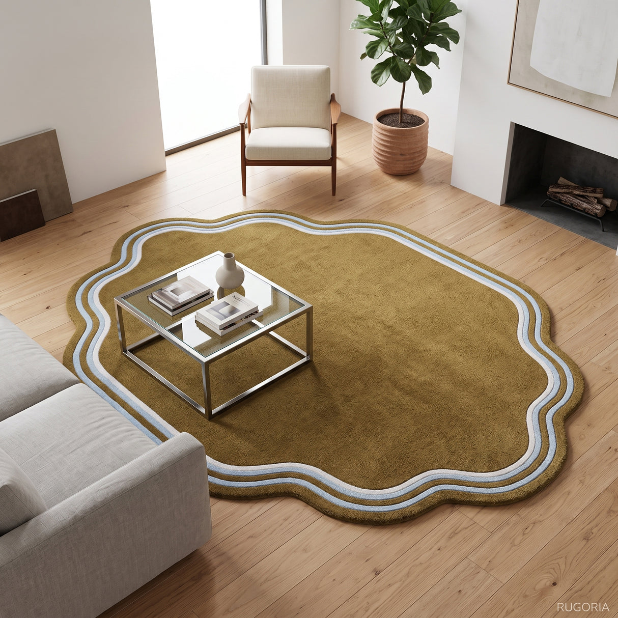 Modern Hand Tufted Wool Area Rug, Scalloped Border Design