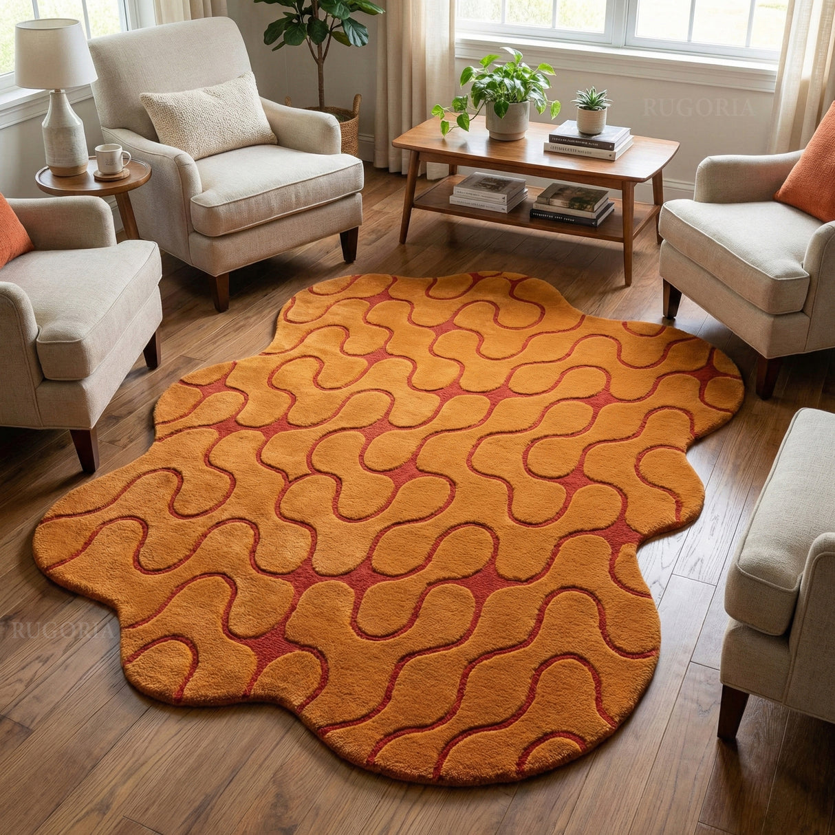 Hand-Tufted Abstract Wool Rug Wavy Pattern Irregular Organic Shape