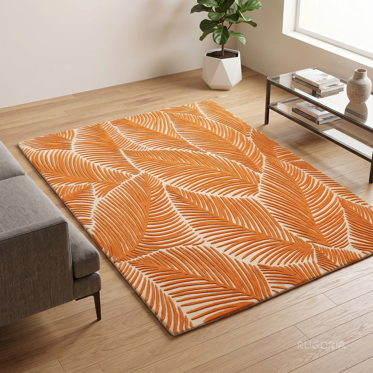 Hand Tufted Wool Area Rug, Tropical Palm Leaf Botanical Design