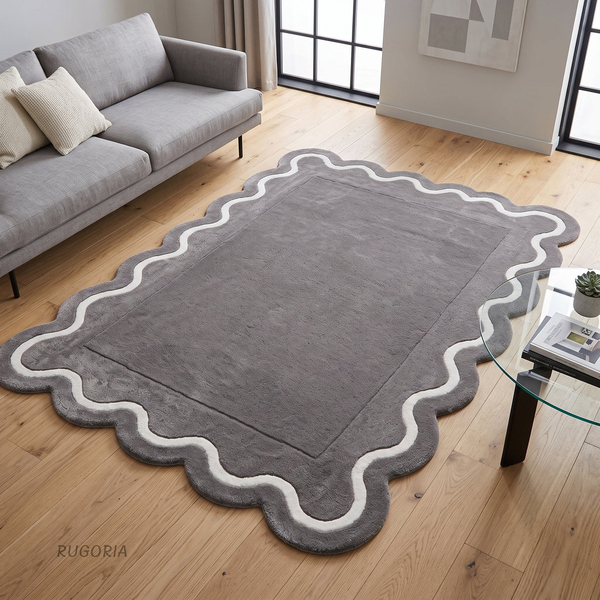 Modern Hand Tufted Wool Rug | Handmade Scalloped Border Carpet