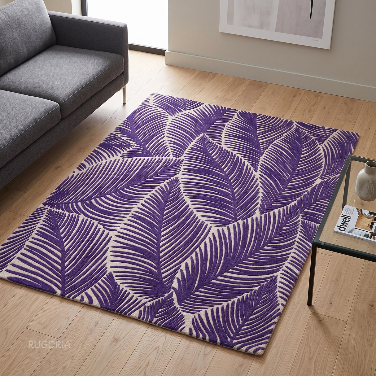 Hand Tufted Wool Area Rug, Tropical Palm Leaf Botanical Design