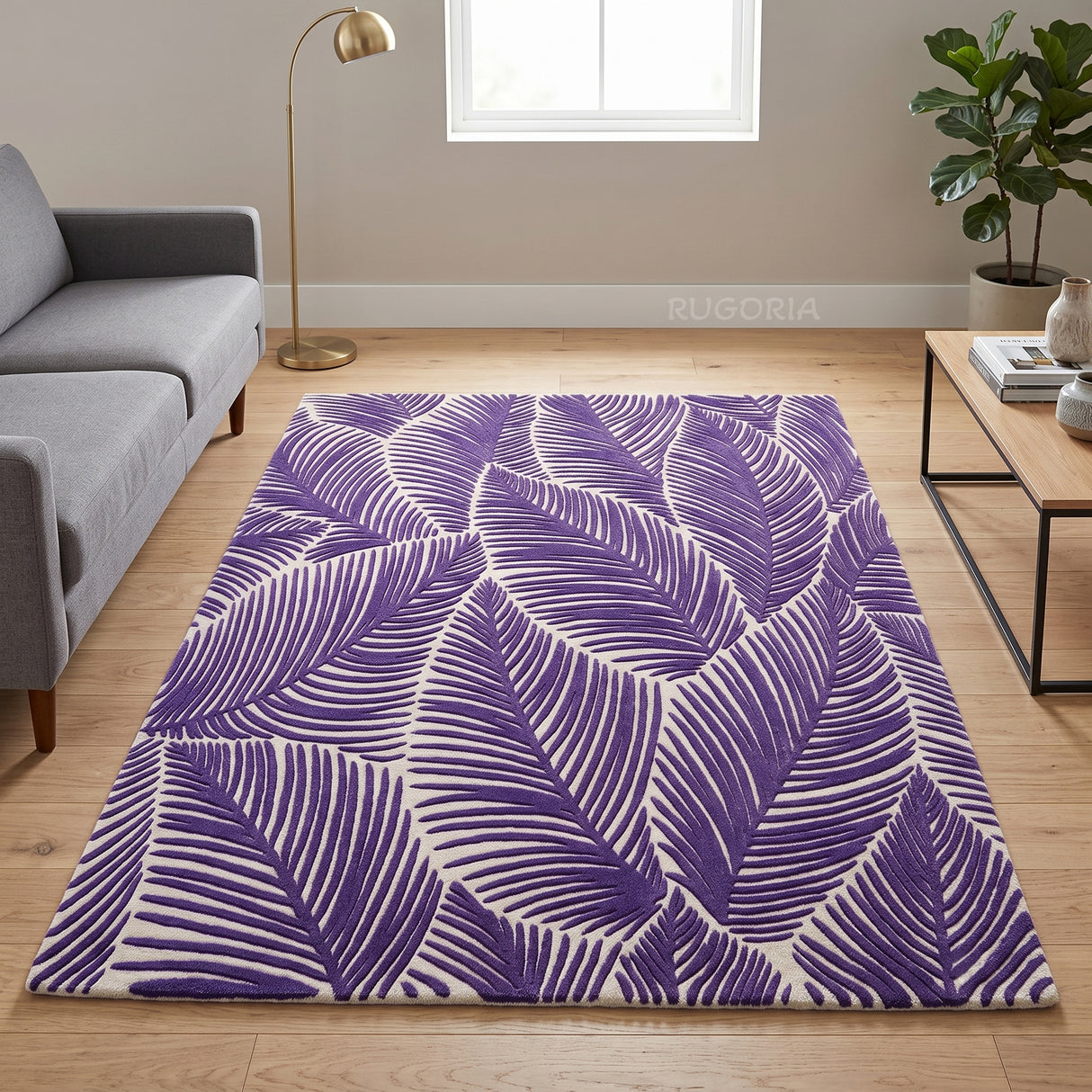 Hand Tufted Wool Area Rug, Tropical Palm Leaf Botanical Design