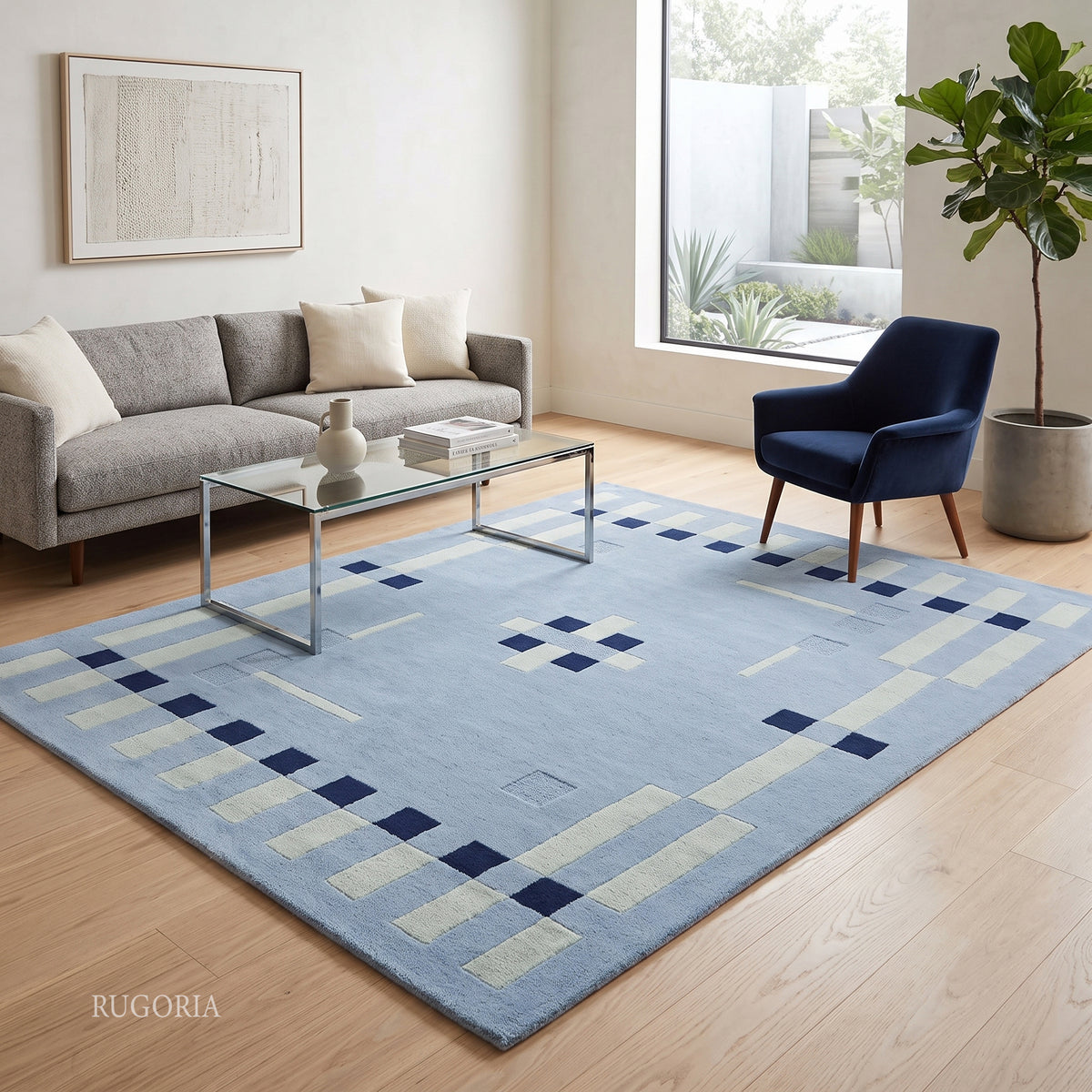Hand Tufted Wool Rug, Modern Abstract Geometric Border Design