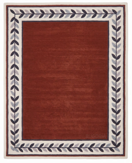 Modern Hand Tufted Wool Rug, Botanical Leaf Border Design