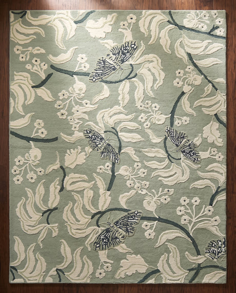 Hand Tufted Wool Rug, Floral Butterfly Botanical Pattern