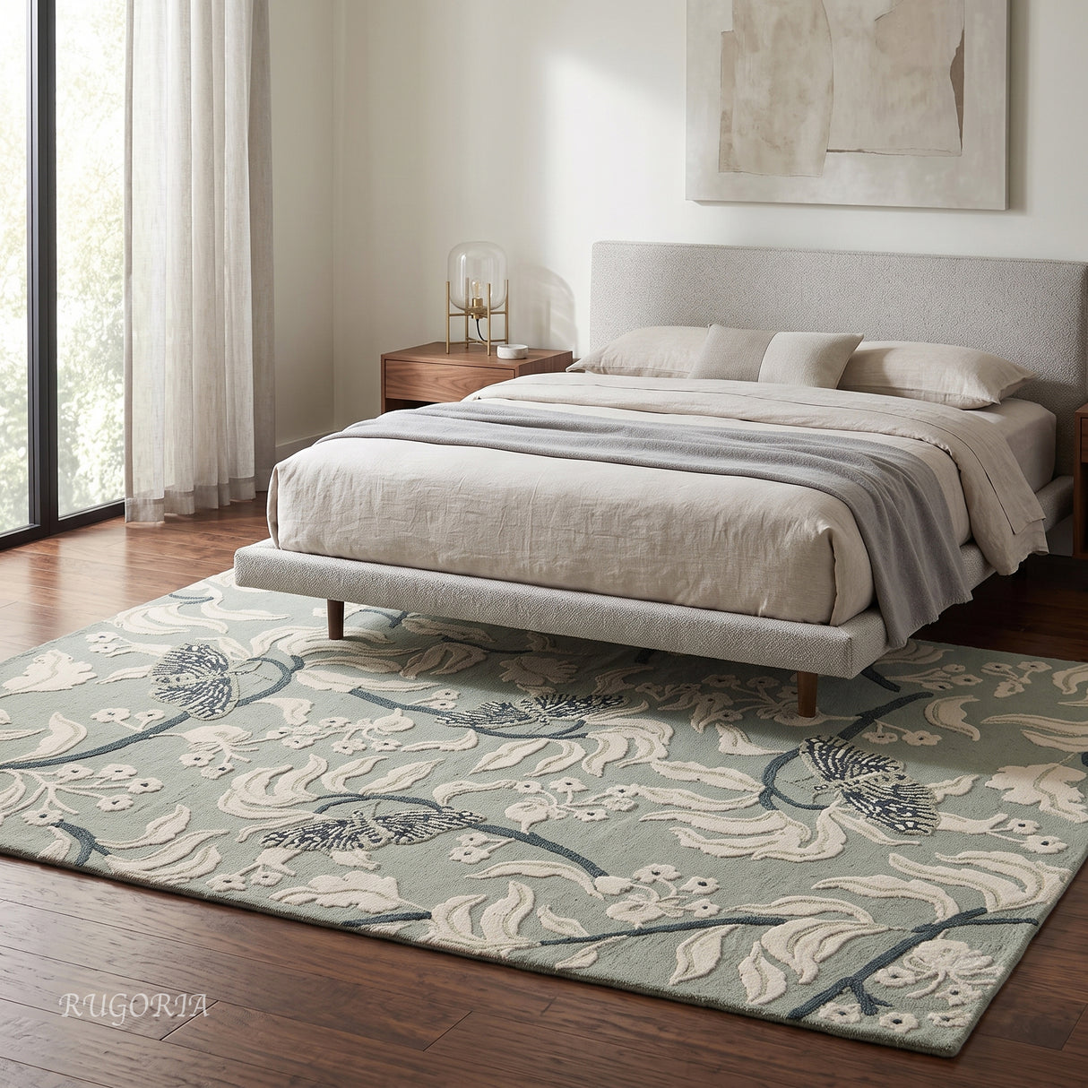 Hand Tufted Wool Rug, Floral Butterfly Botanical Pattern