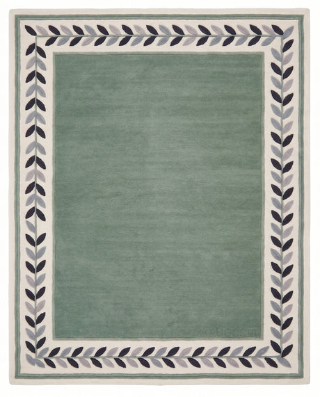 Modern Hand Tufted Wool Rug, Botanical Leaf Border Design