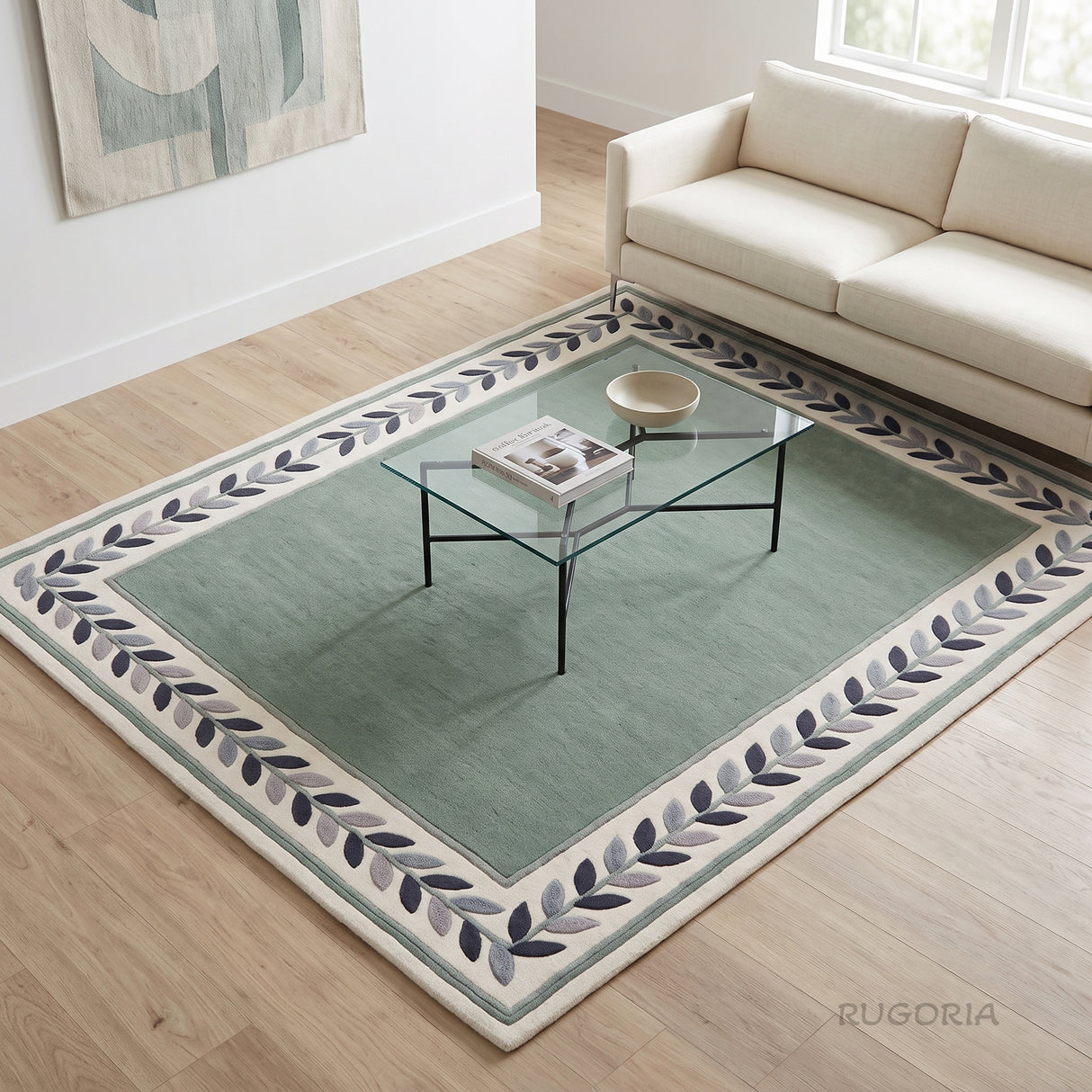 Modern Hand Tufted Wool Rug, Botanical Leaf Border Design