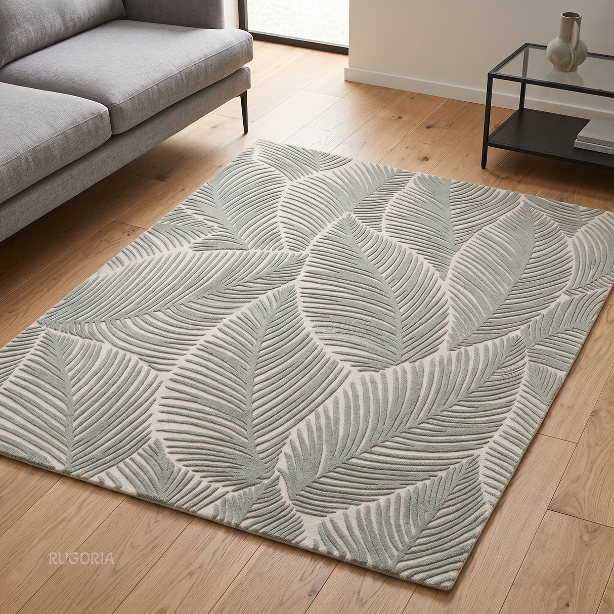 Hand Tufted Wool Area Rug, Tropical Palm Leaf Botanical Design