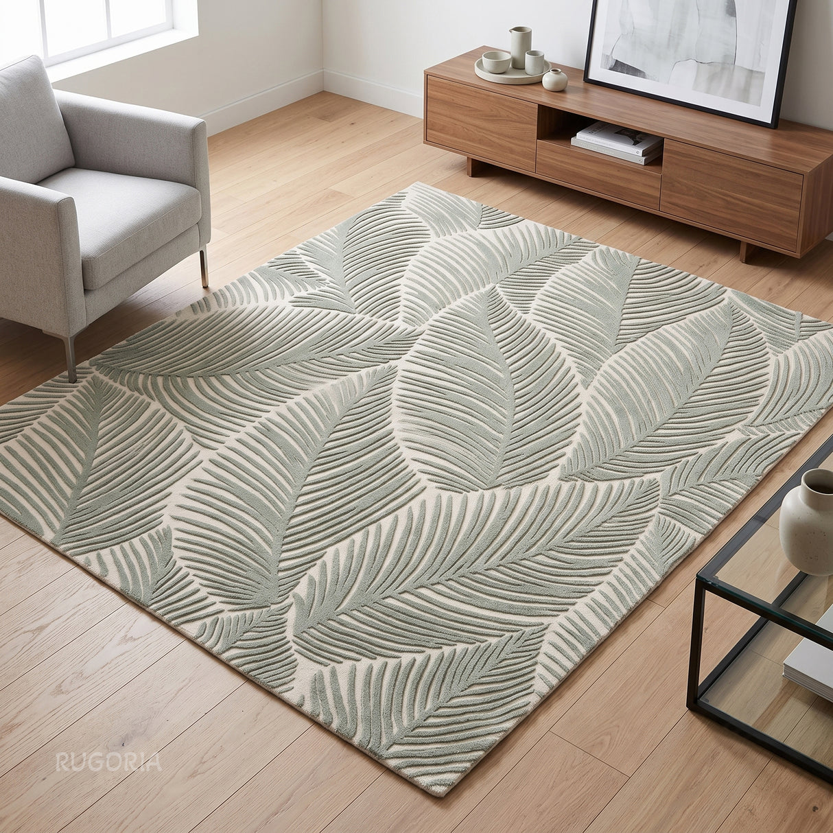 Hand Tufted Wool Area Rug, Tropical Palm Leaf Botanical Design