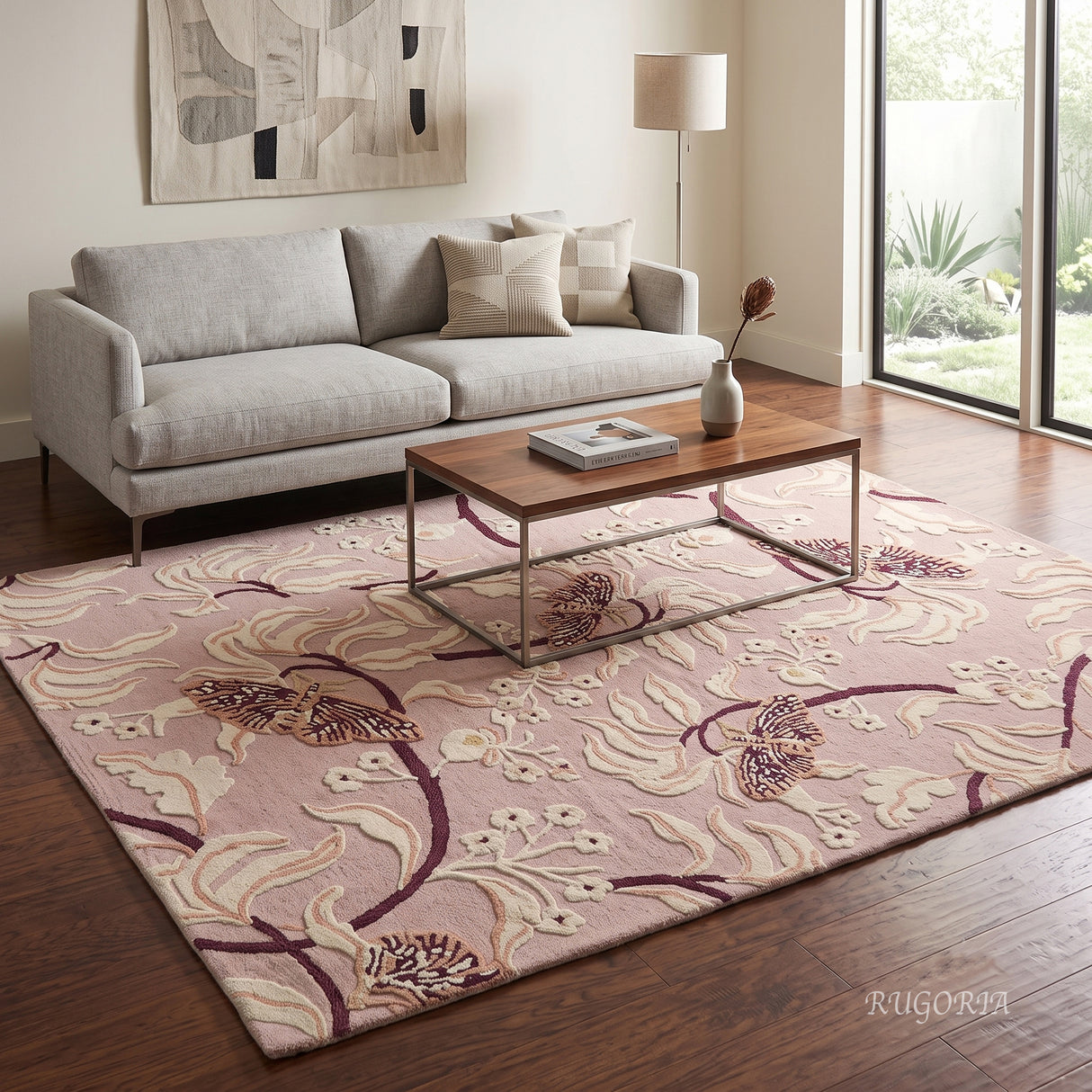 Hand Tufted Wool Rug, Floral Butterfly Botanical Pattern