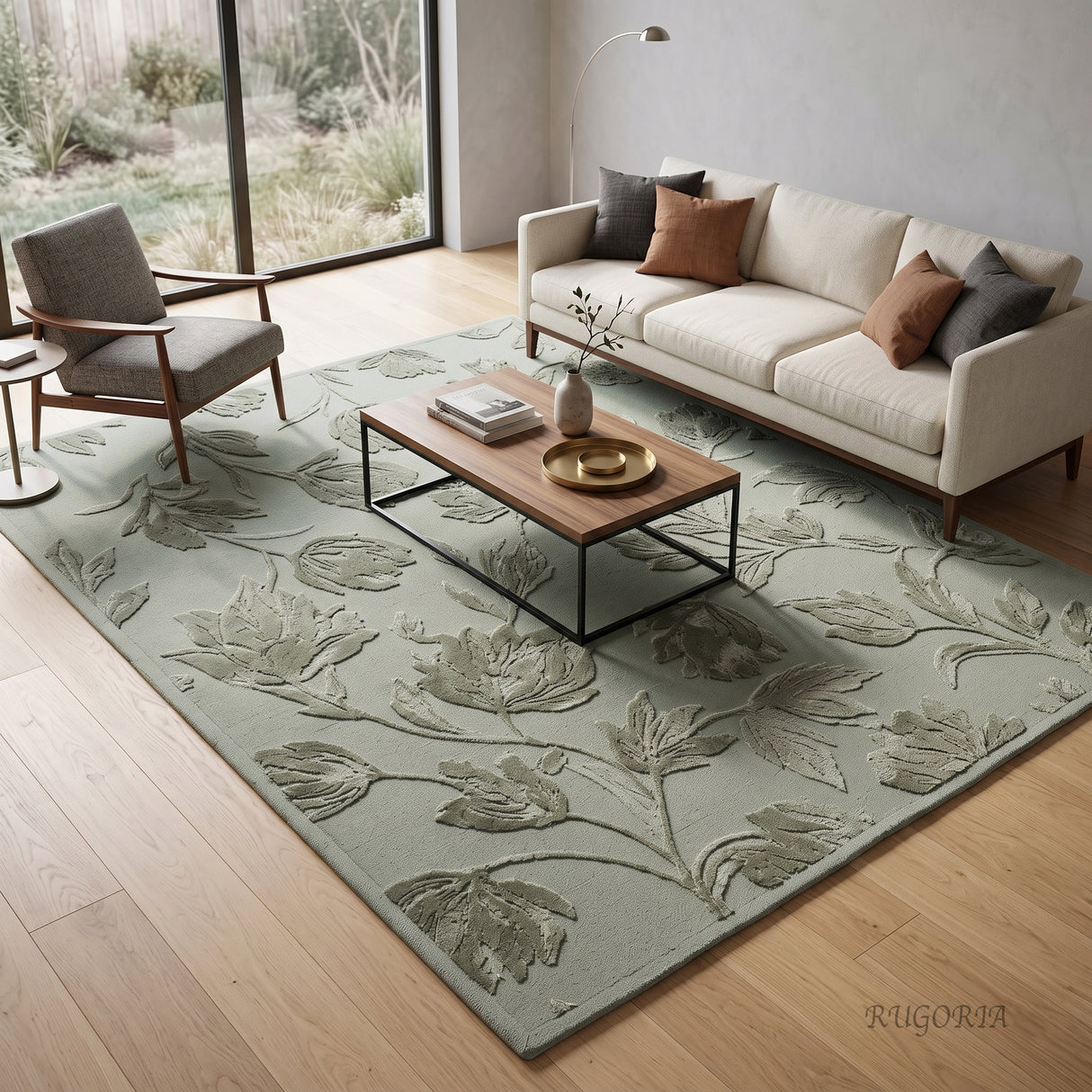 Hand Tufted Floral Wool Area Rug, Raised Botanical Carved Design