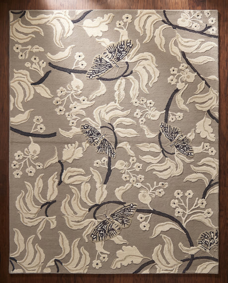 Hand Tufted Wool Rug, Floral Butterfly Botanical Pattern