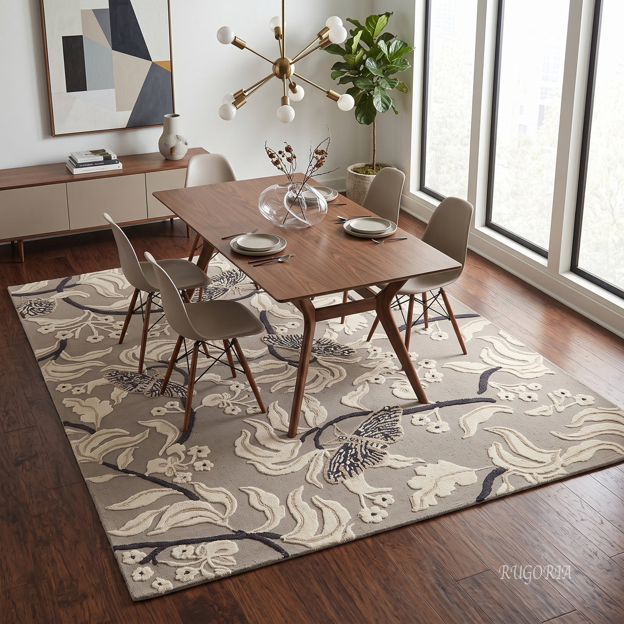 Hand Tufted Wool Rug, Floral Butterfly Botanical Pattern