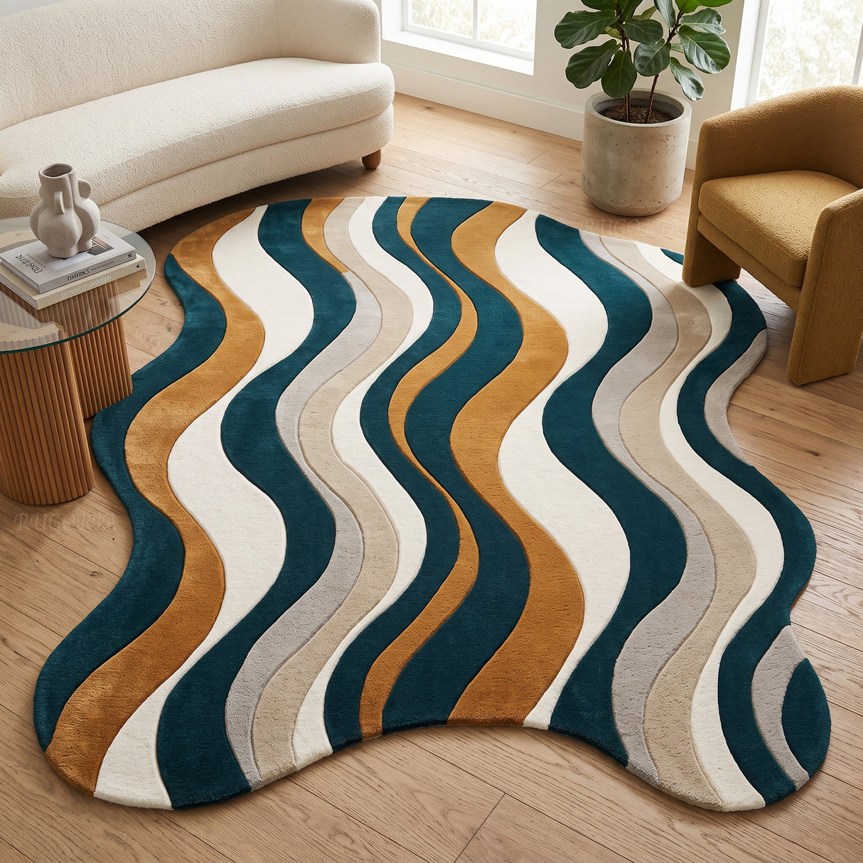 Modern Hand Tufted Wool Area Rug, Abstract Wave Striped Pattern,