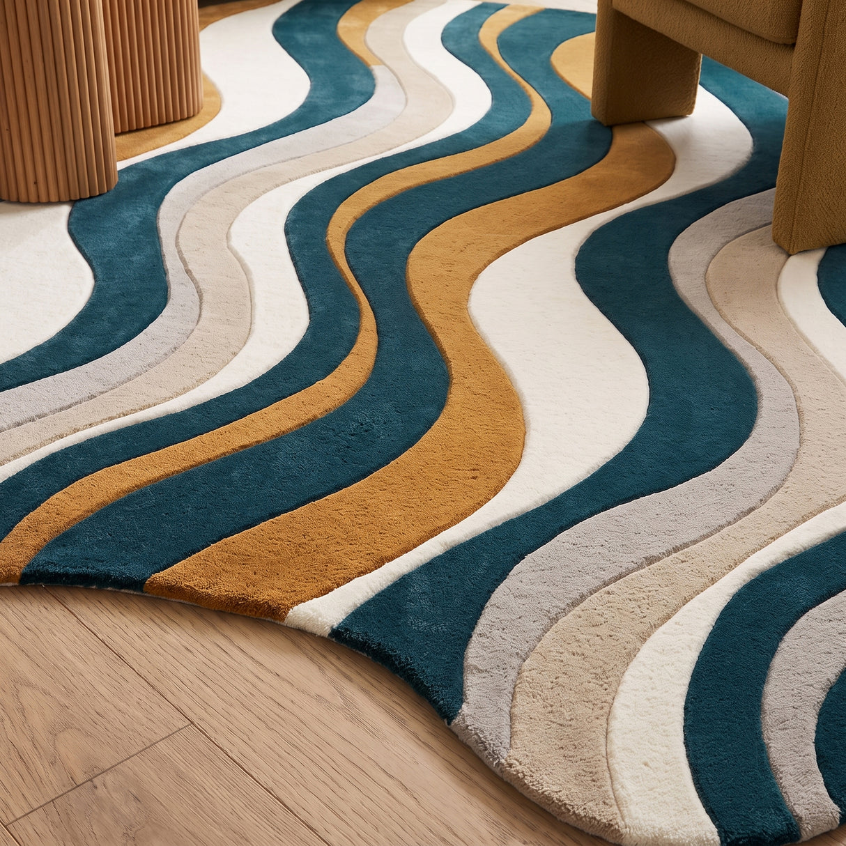 Modern Hand Tufted Wool Area Rug, Abstract Wave Striped Pattern,