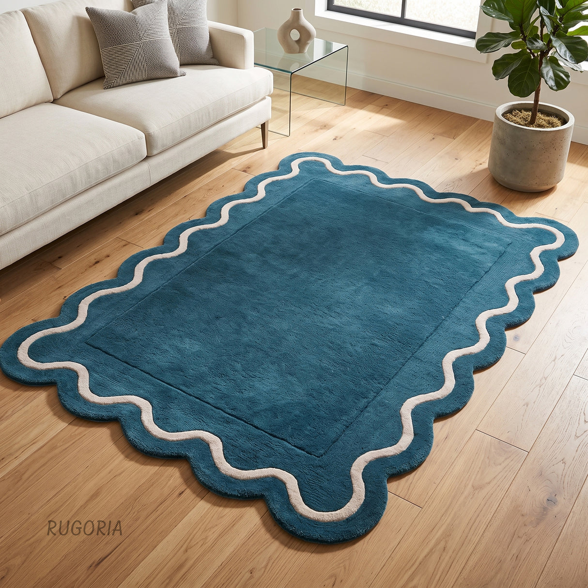 Modern Hand Tufted Wool Rug | Handmade Scalloped Border Carpet