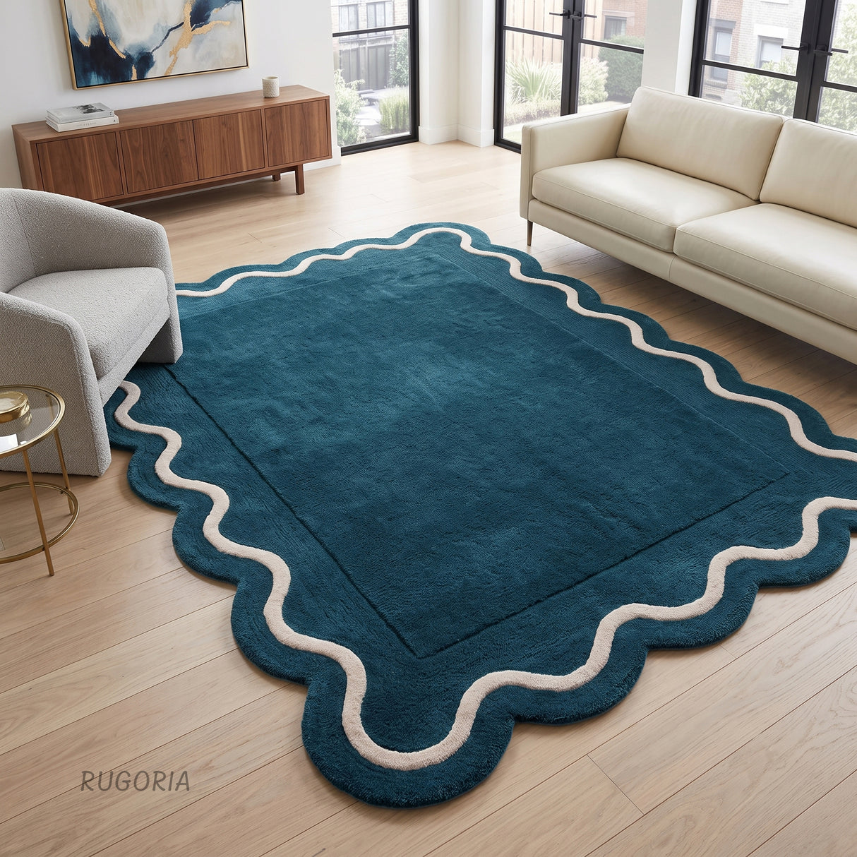 Modern Hand Tufted Wool Rug | Handmade Scalloped Border Carpet