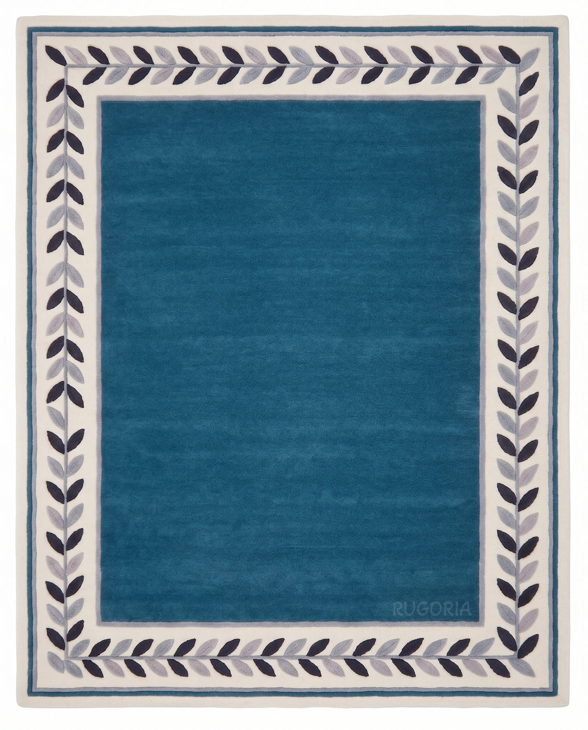 Modern Hand Tufted Wool Rug, Botanical Leaf Border Design