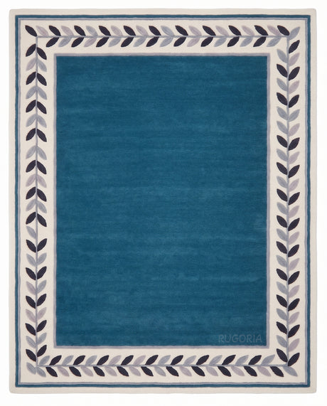 Modern Hand Tufted Wool Rug, Botanical Leaf Border Design