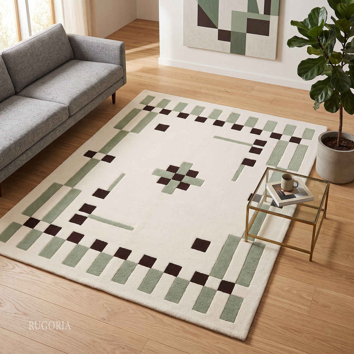 Hand Tufted Wool Rug, Modern Abstract Geometric Border Design