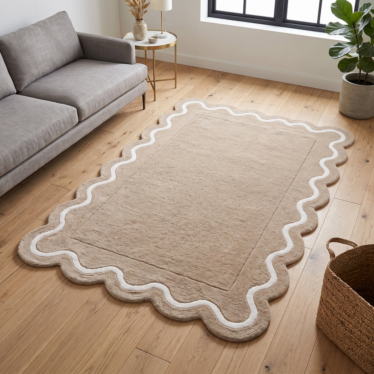 Modern Hand Tufted Wool Rug | Handmade Scalloped Border Carpet