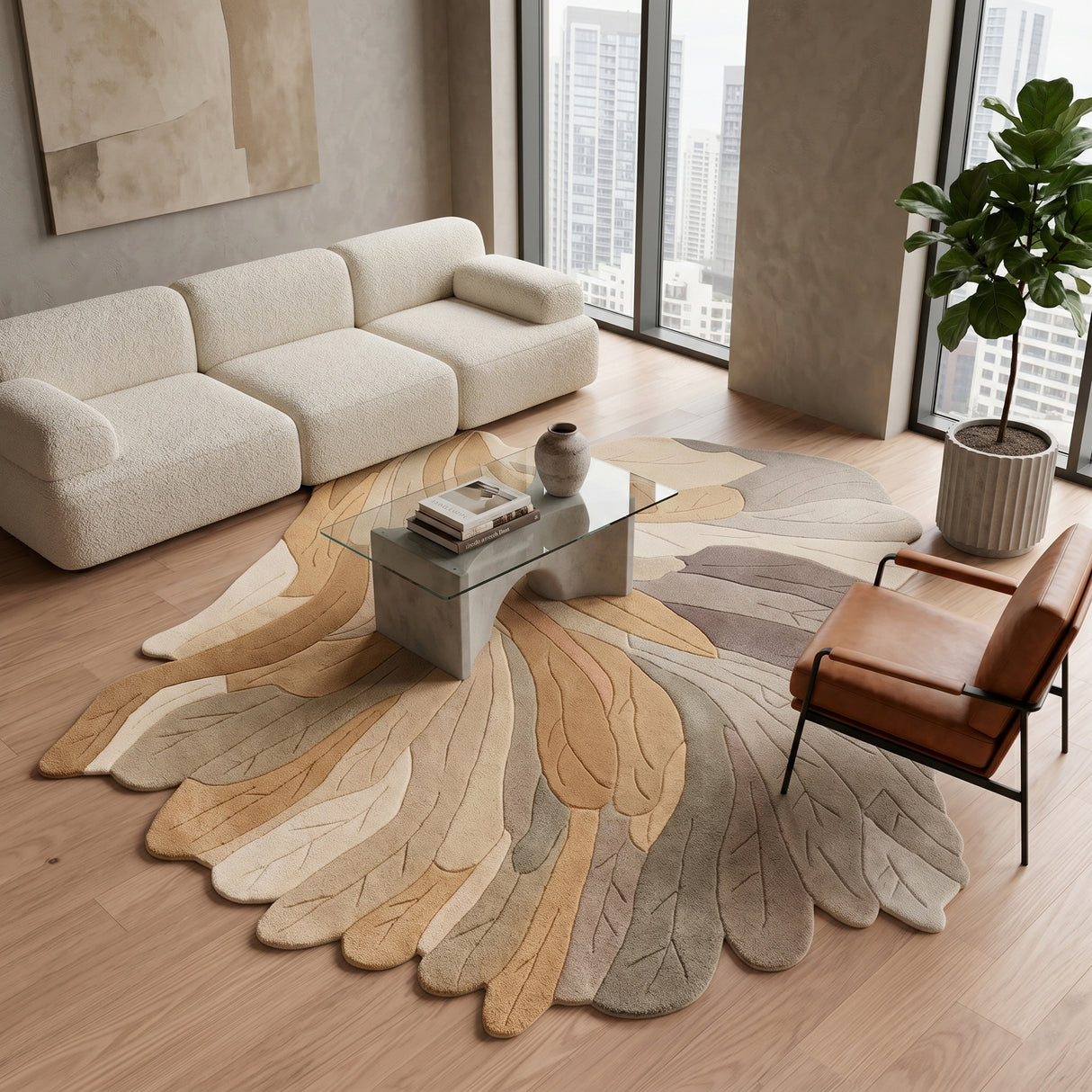 Handmade Irregular Shape Wool Rug | Unique Contemporary Colorful Botanical Design