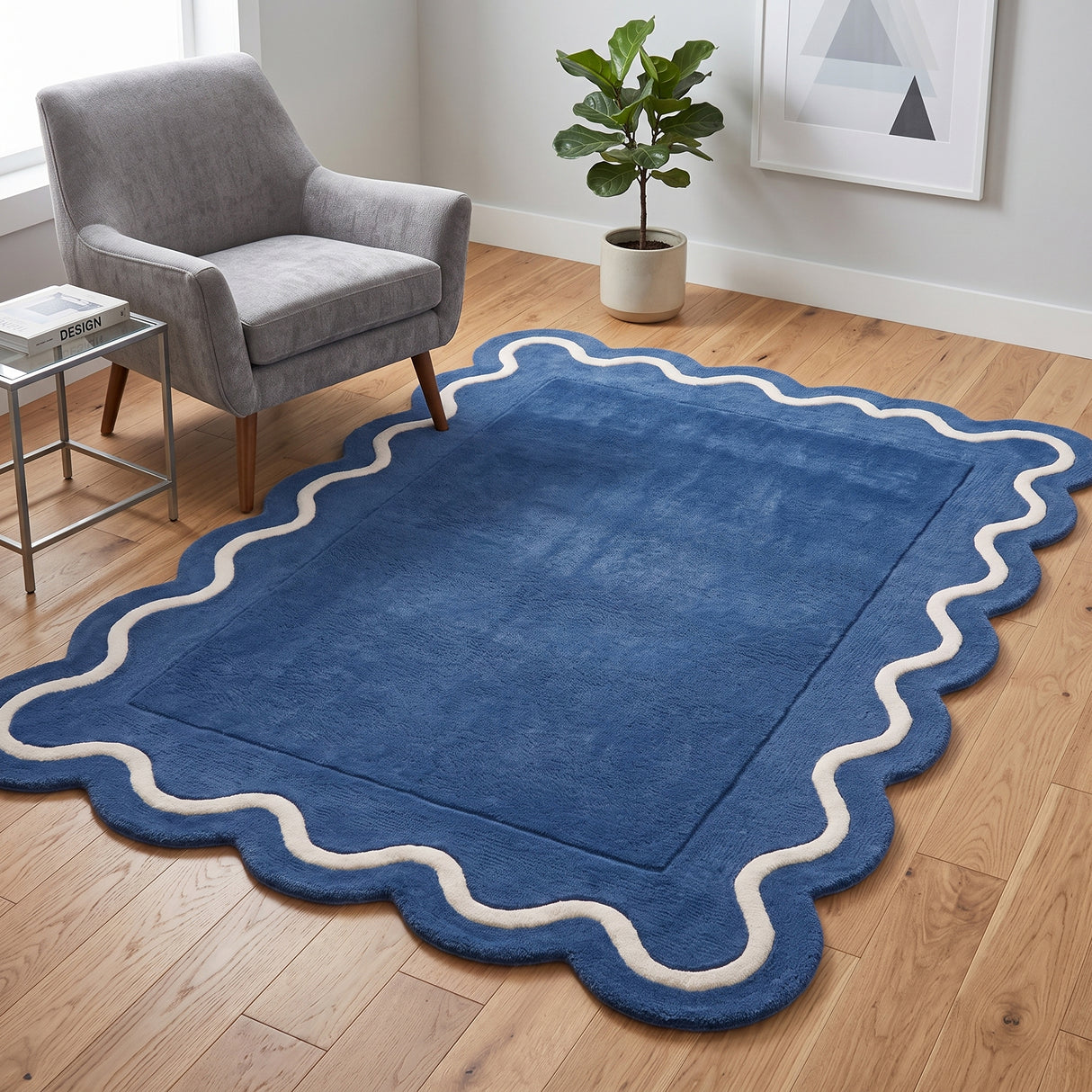 Modern Hand Tufted Wool Rug | Handmade Scalloped Border Carpet