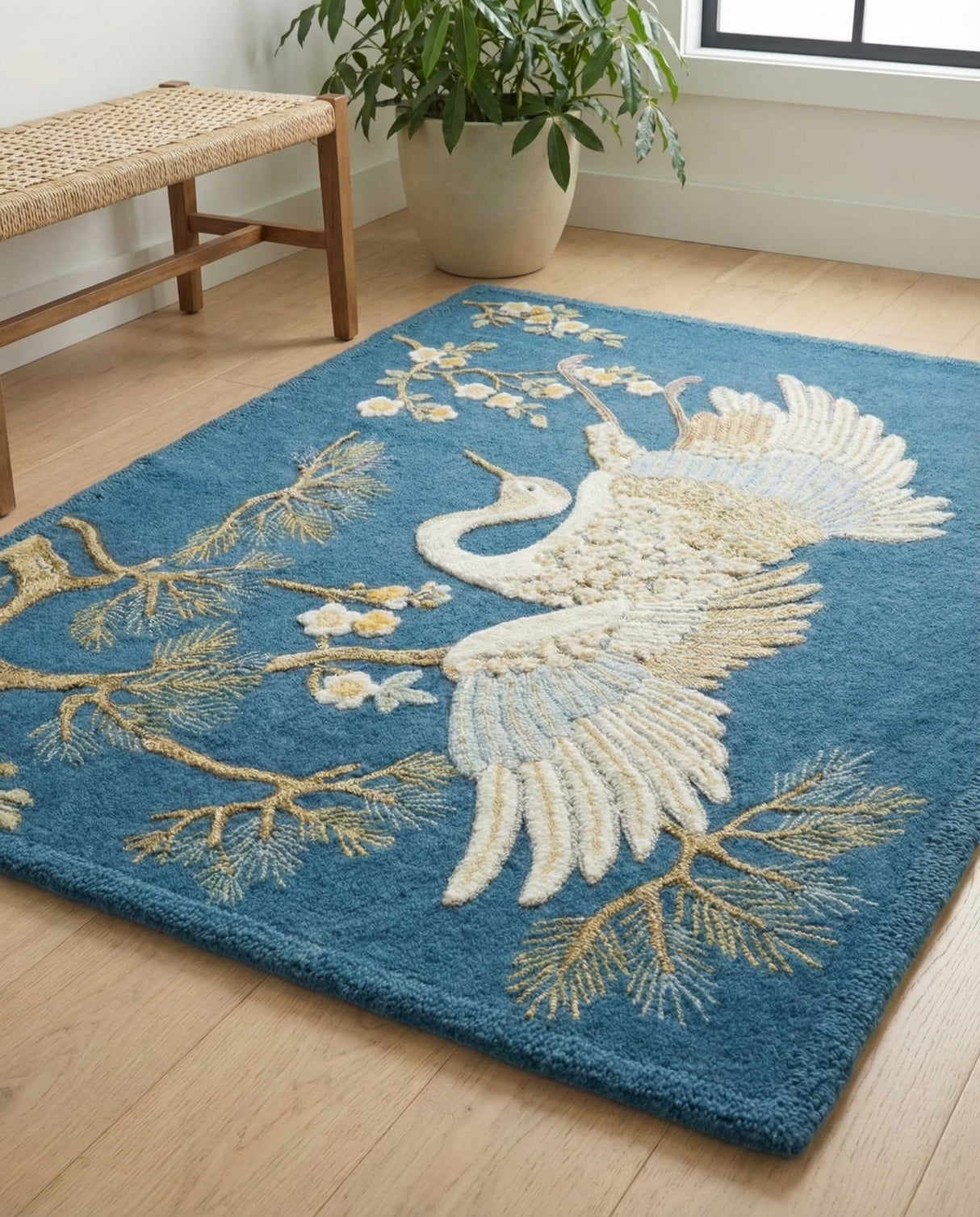 Hand-Tufted 100% Wool Rug, Crane Bird Floral Pattern
