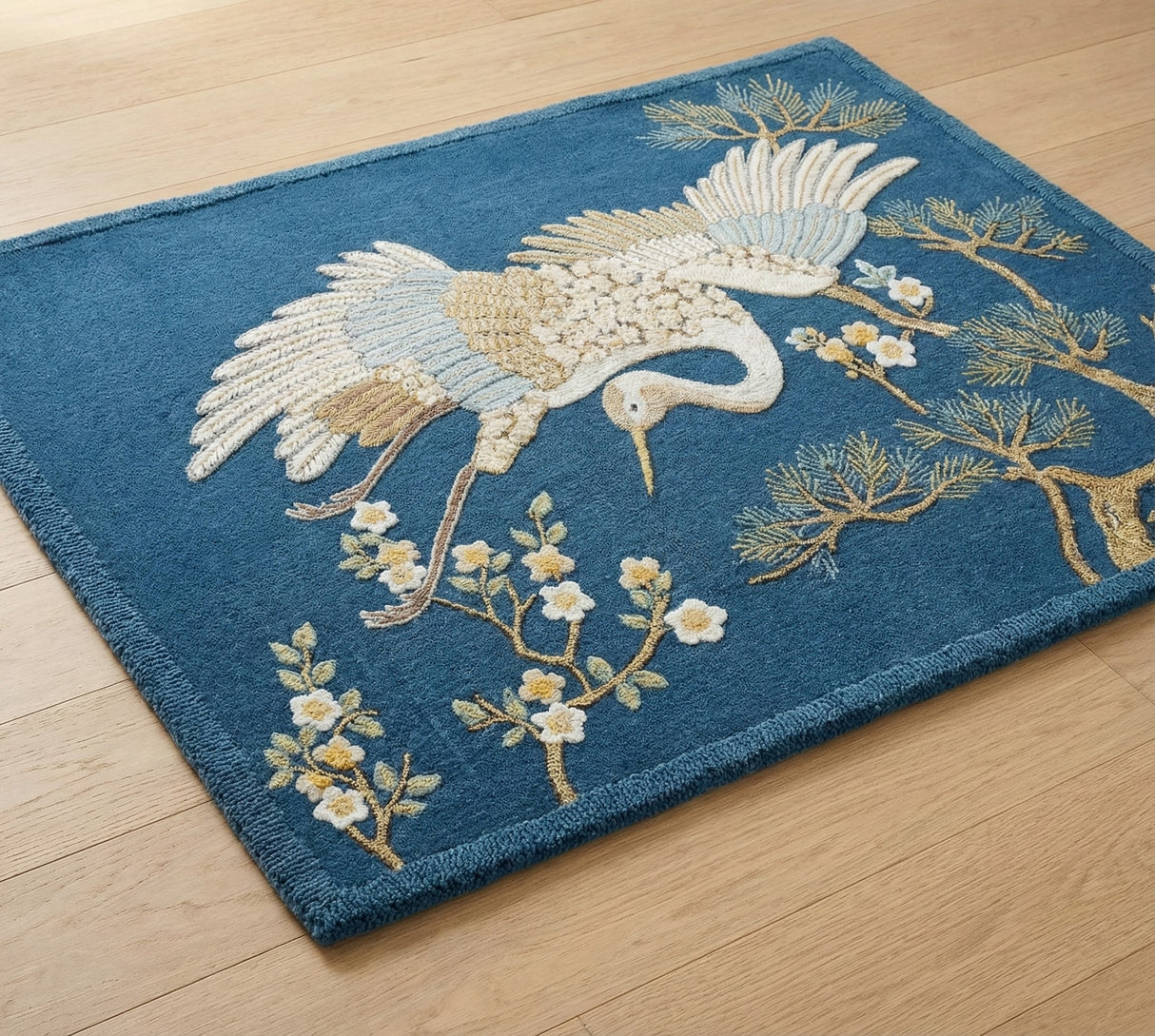 Hand-Tufted 100% Wool Rug, Crane Bird Floral Pattern