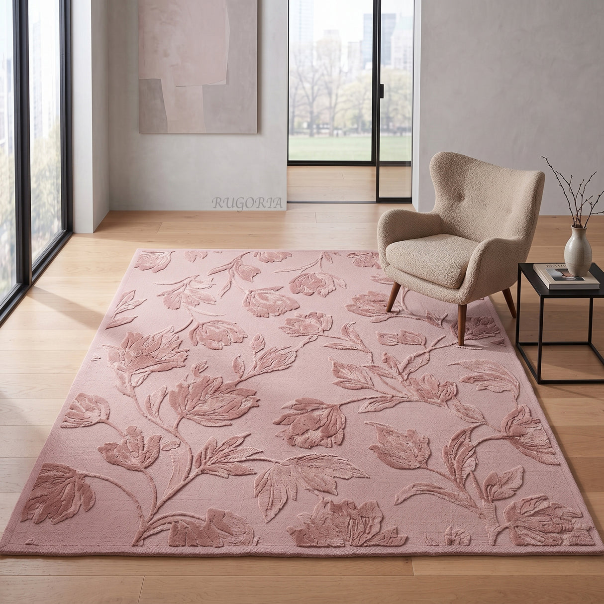Hand Tufted Floral Wool Area Rug, Raised Botanical Carved Design