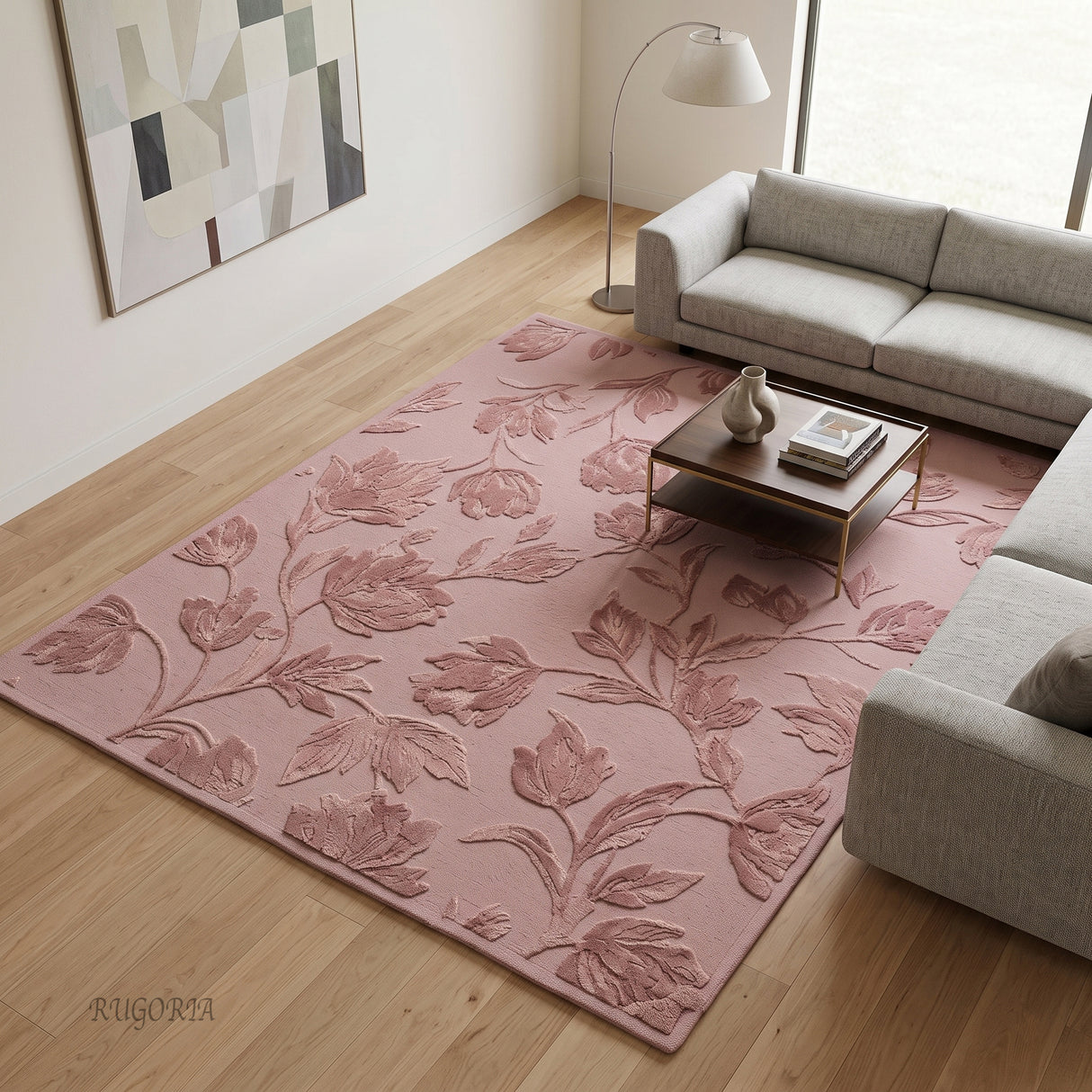 Hand Tufted Floral Wool Area Rug, Raised Botanical Carved Design