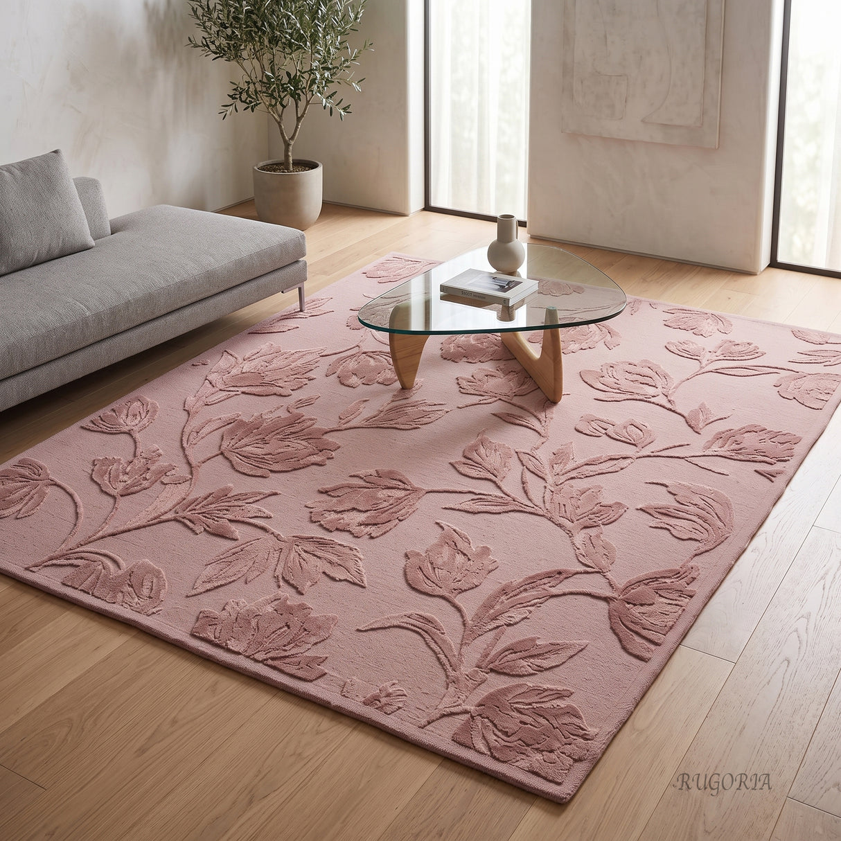 Hand Tufted Floral Wool Area Rug, Raised Botanical Carved Design