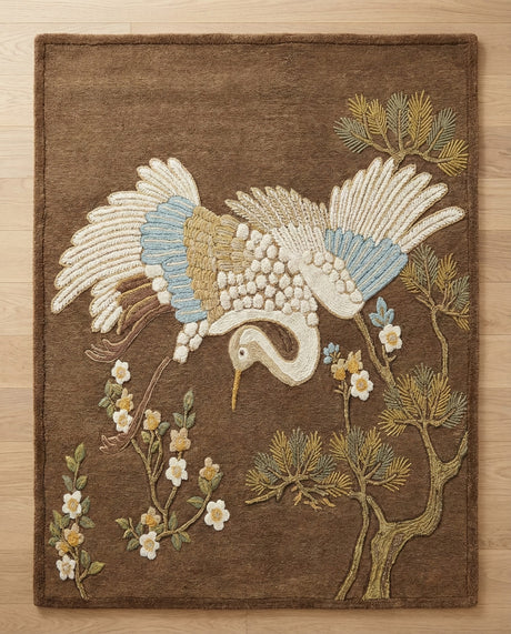 Hand-Tufted 100% Wool Rug, Crane Bird Floral Pattern