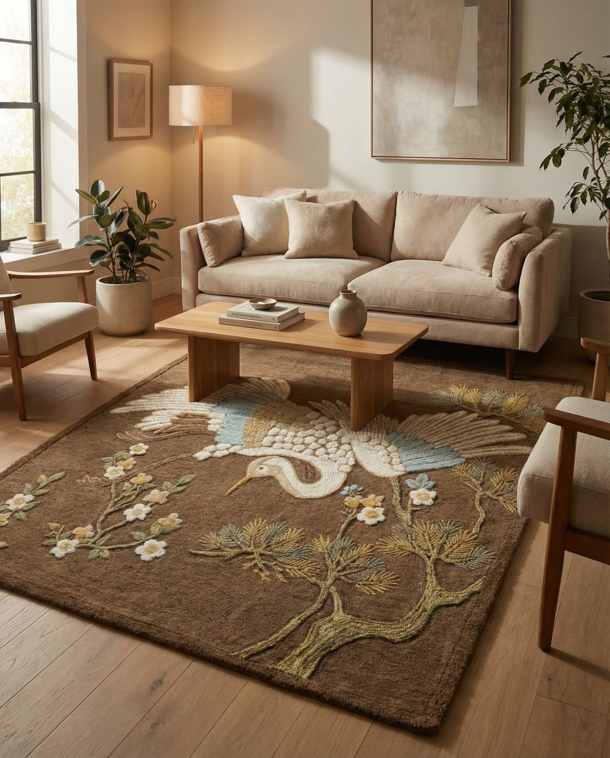 Hand-Tufted 100% Wool Rug, Crane Bird Floral Pattern