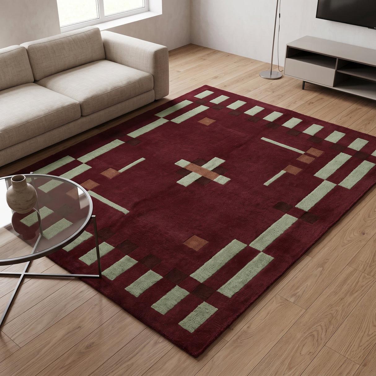Hand Tufted Wool Rug, Modern Abstract Geometric Border Design