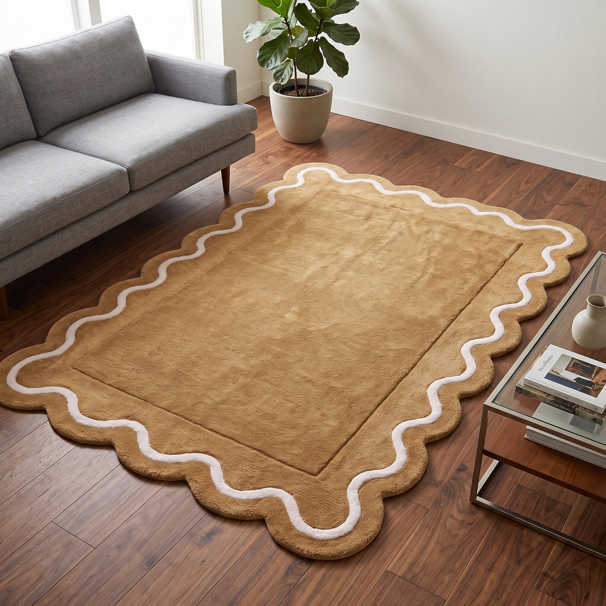 Modern Hand Tufted Wool Rug | Handmade Scalloped Border Carpet