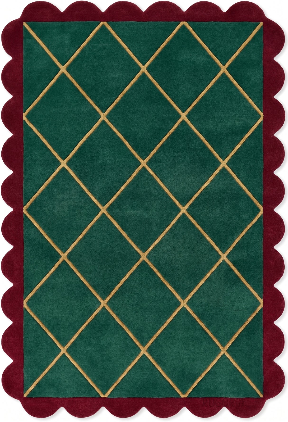 Modern Hand Tufted Wool Rug, Scalloped Border, Geometric Diamond Pattern,