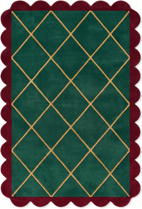 Modern Hand Tufted Wool Rug, Scalloped Border, Geometric Diamond Pattern,