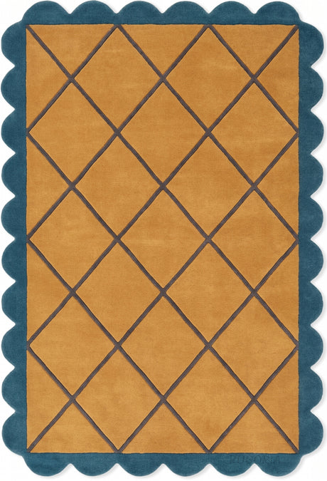 Modern Hand Tufted Wool Rug, Scalloped Border, Geometric Diamond Pattern,