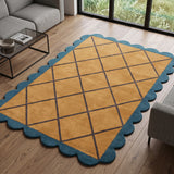 Modern Hand Tufted Wool Rug, Scalloped Border, Geometric Diamond Pattern,