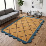 Modern Hand Tufted Wool Rug, Scalloped Border, Geometric Diamond Pattern,